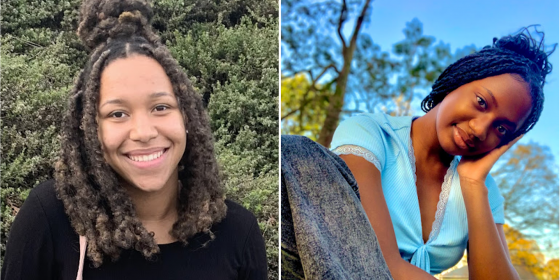 headshots of Amber Brooks and Dakota Jones two young black women, one wearing a black shirt, and one wearing a blue shirt